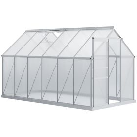 Outsunny 12' x 6' Aluminum Greenhouse, Polycarbonate Walk-in Garden Greenhouse Kit with Adjustable Roof Vent, Rain Gutter and Sliding Door, Silve