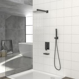 Shower System with Waterfall Tub Spout,12 Inch Wall Mounted Square Shower System with Rough-in Valve,Matte black