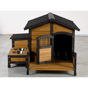Large Wooden Dog House With Storage Box And Feeding Station, Outdoor Pet Kennel With Asphalt Roof, Porch, And Lockable Door  Weatherproof Fir Woo (Color: Yellow)