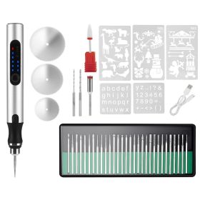 1Set Electric Engraving Pen With 33Pcs Burr Bits 5Pcs Stencils 3 Gears Speed Rechargeable Cordless Professional Engraver Etching Machine For Jewe (Option: Silver)