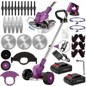 21V Electric Weed Eater With Wheels,Cordless Battery Weed Wacker With Charger, 2Batteries,3 In 1 Brush Cutter String Trimmer Grass Trimmer Lawn M (Option: Purple)