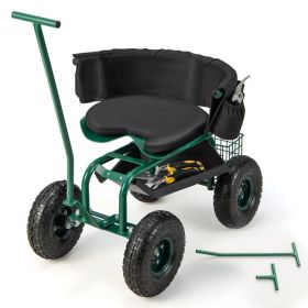 Rolling Garden Cart with Height Adjustable Swivel Seat and Storage Basket (Color: Green)