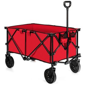 Outdoor Folding Wagon Cart with Adjustable Handle and Universal Wheels (Color: Red)