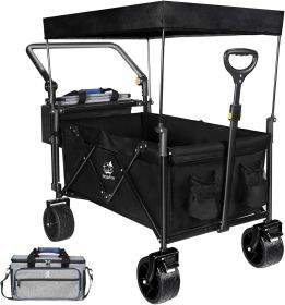 Collapsible Wagon Heavy Duty Folding Wagon Cart with Removable Canopy, 4" Wide Large All Terrain Wheels, Brake, Adjustable Handles (Color: Black)