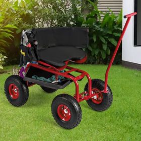 1PC Rolling Garden Cart with Height Adjustable Swivel Seat and Storage Basket (Color: Red)
