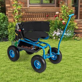 1PC Rolling Garden Cart with Height Adjustable Swivel Seat and Storage Basket (Color: Blue)