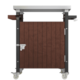 Outdoor Grill Cart With Stainless Steel Tabletop, Storage, Patio Kitchen Island With Wheels, Hooks, And Spice Rack, Waterproof Outdoor Grill Tabl (Color: Brown)